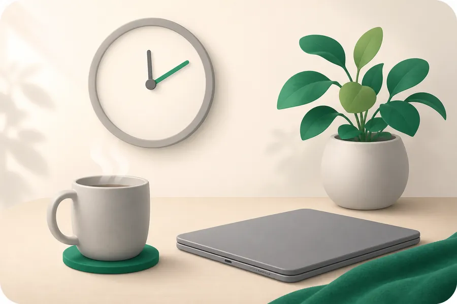 A wall clock above a steaming mug and a closed tablet on a table