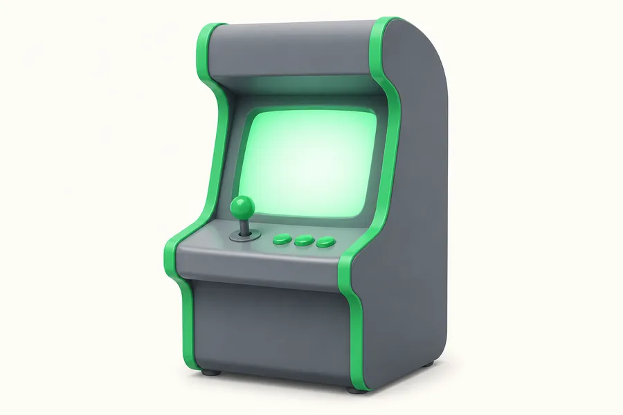 A rounded arcade cabinet with a blank glowing screen, joystick and three buttons