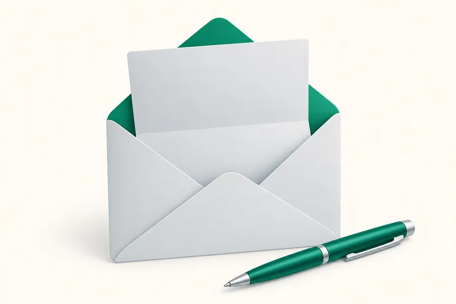 An open envelope with a folded letter and a pen beside it