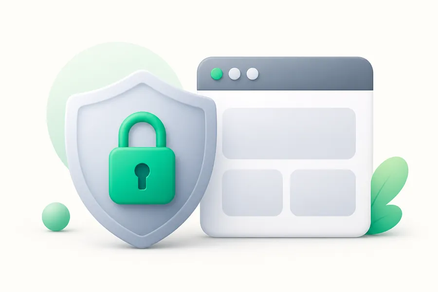 A shield with a padlock beside a simple browser window frame