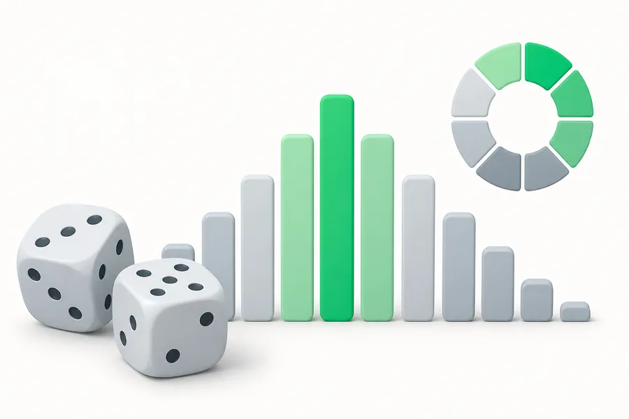Two dice beside a bar chart peaking in the middle and a segmented ring