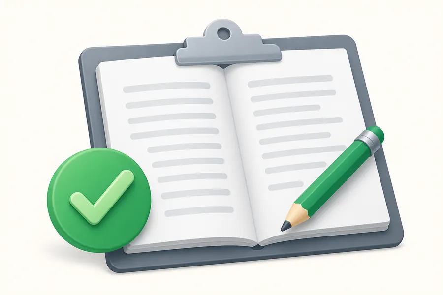 An open rulebook on a clipboard with a large tick mark and a pencil