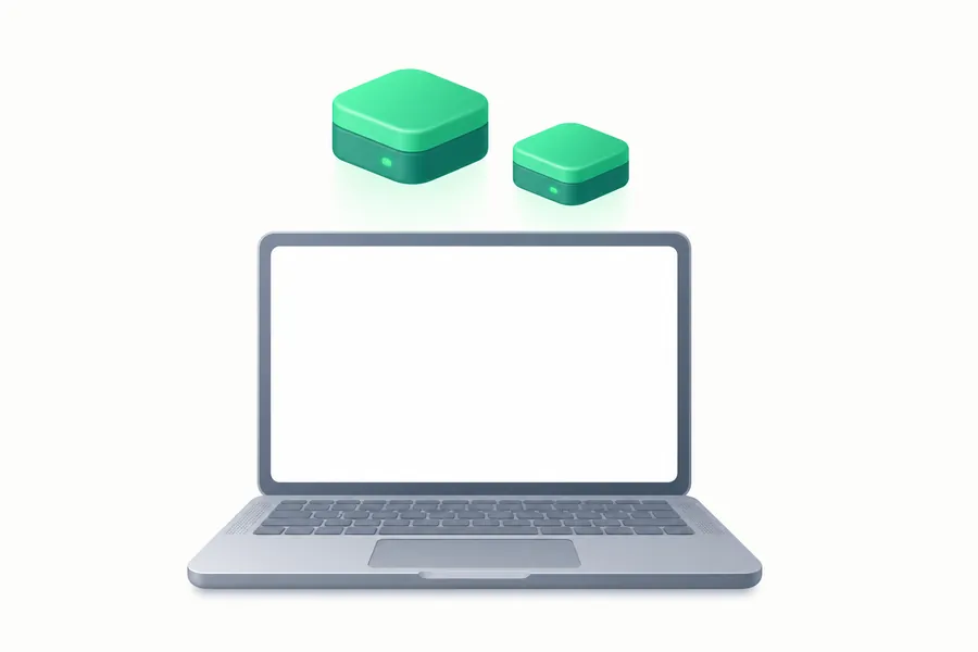 A laptop with two small storage blocks floating above the screen