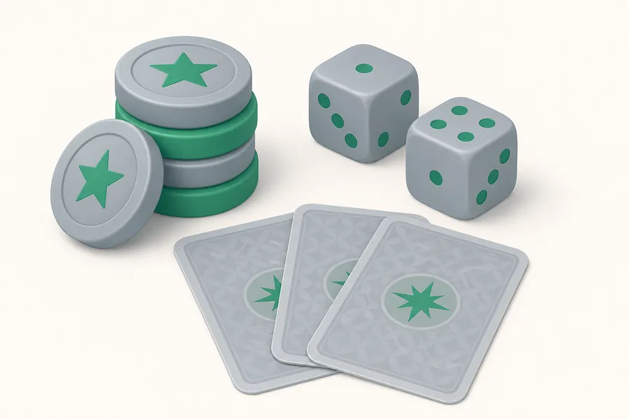 A stack of plain play tokens beside two dice and three face-down cards