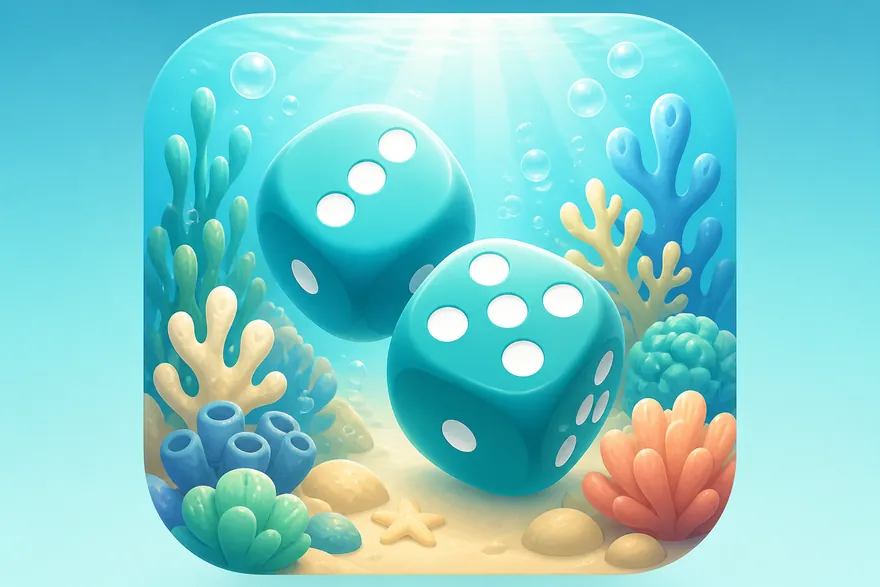 Two dice resting among corals and bubbles in aqua light