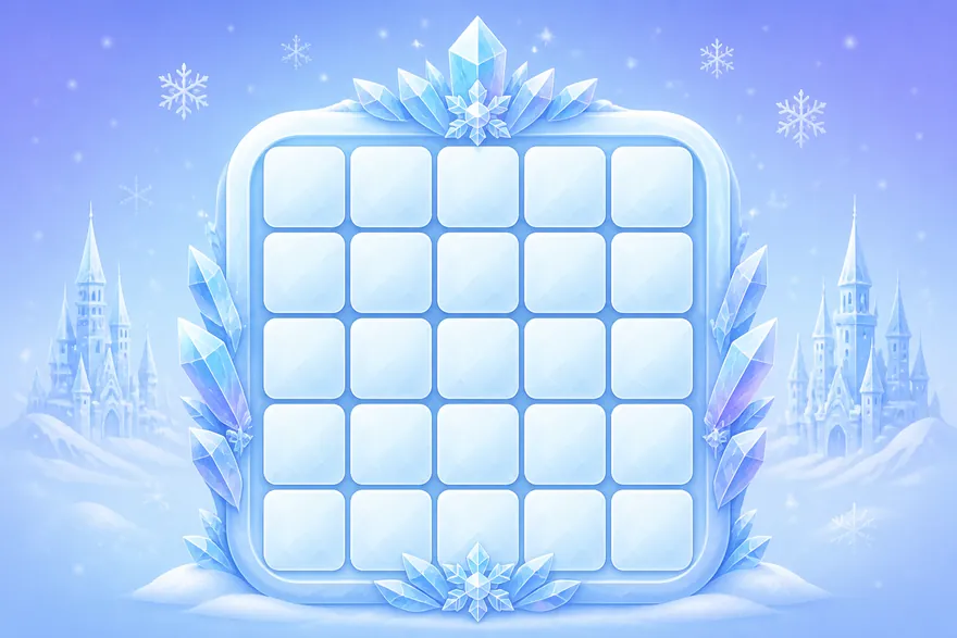 A grid of pale ice tiles surrounded by crystals and falling snow