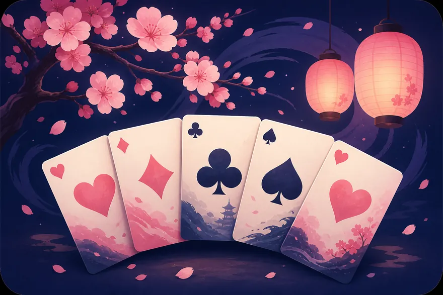 Five playing cards fanned beneath a blossom branch and two glowing lanterns